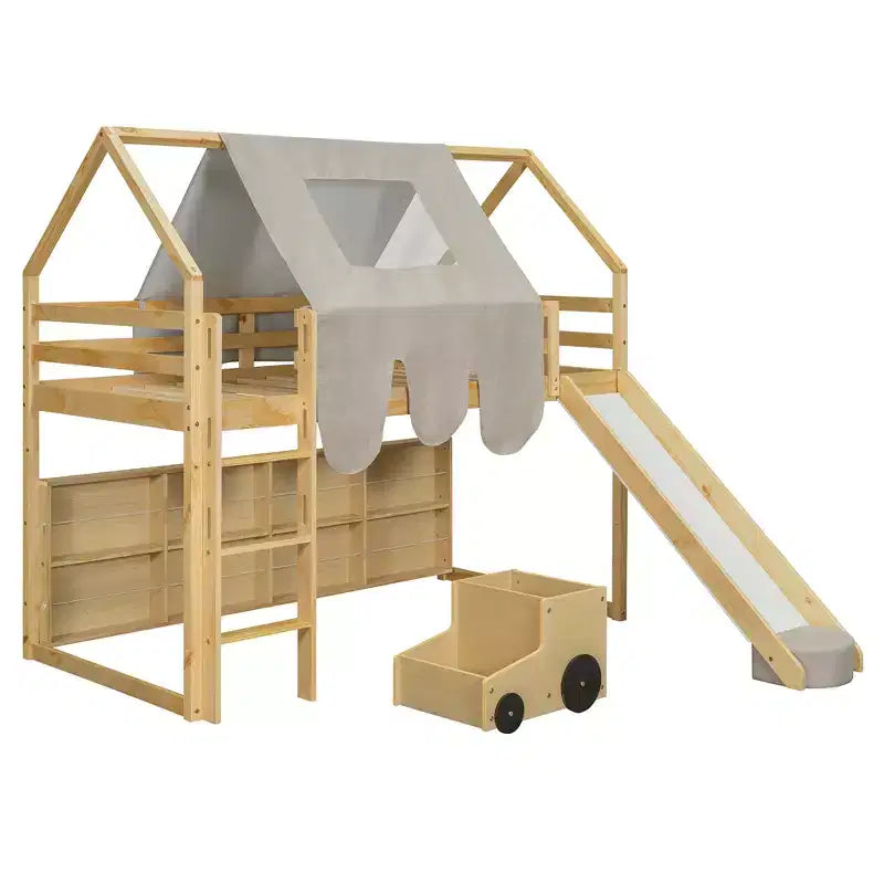 Lit cabane surélevé avec toboggan, baldaquin en tissu et rangements intégrés