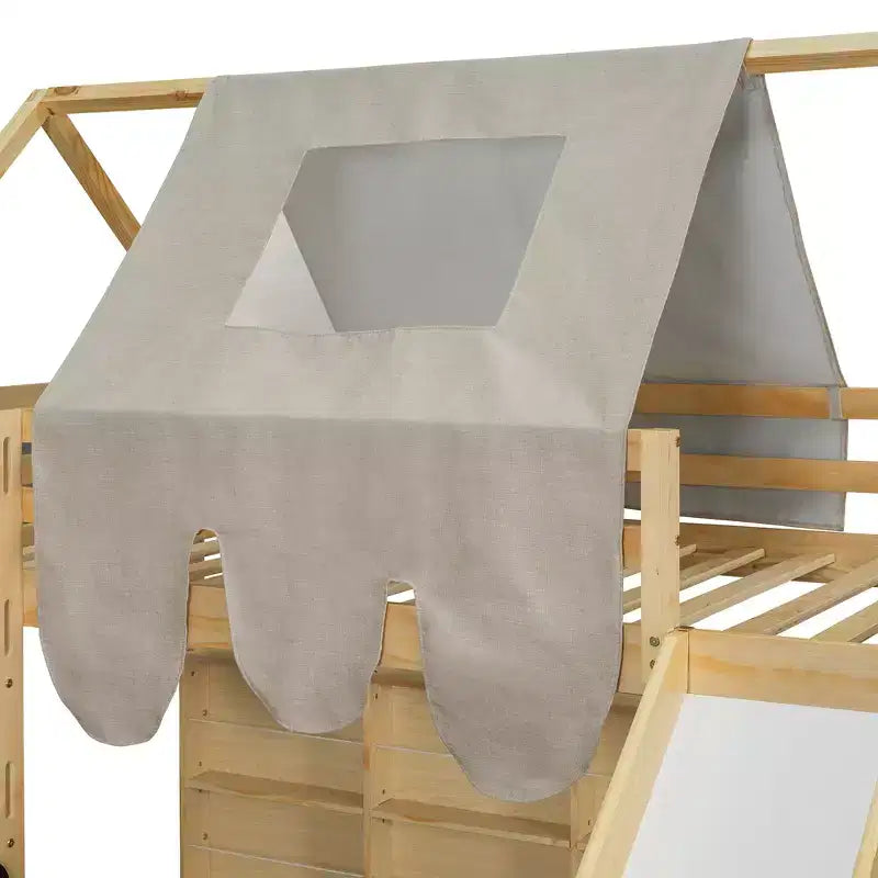 Lit cabane surélevé avec toboggan, baldaquin en tissu et rangements intégrés