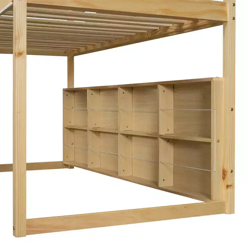Lit cabane surélevé avec toboggan, baldaquin en tissu et rangements intégrés