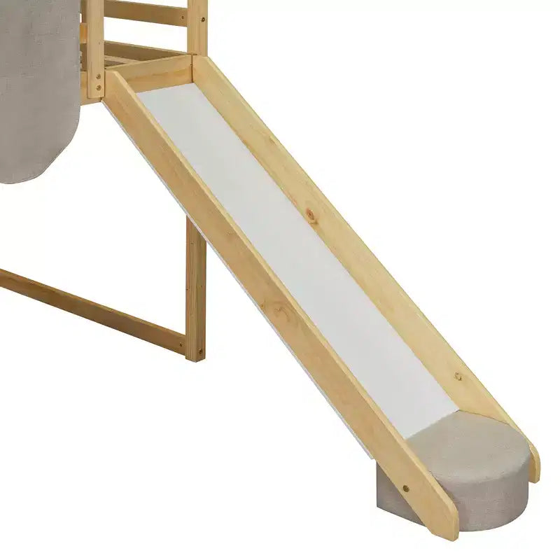 Lit cabane surélevé avec toboggan, baldaquin en tissu et rangements intégrés