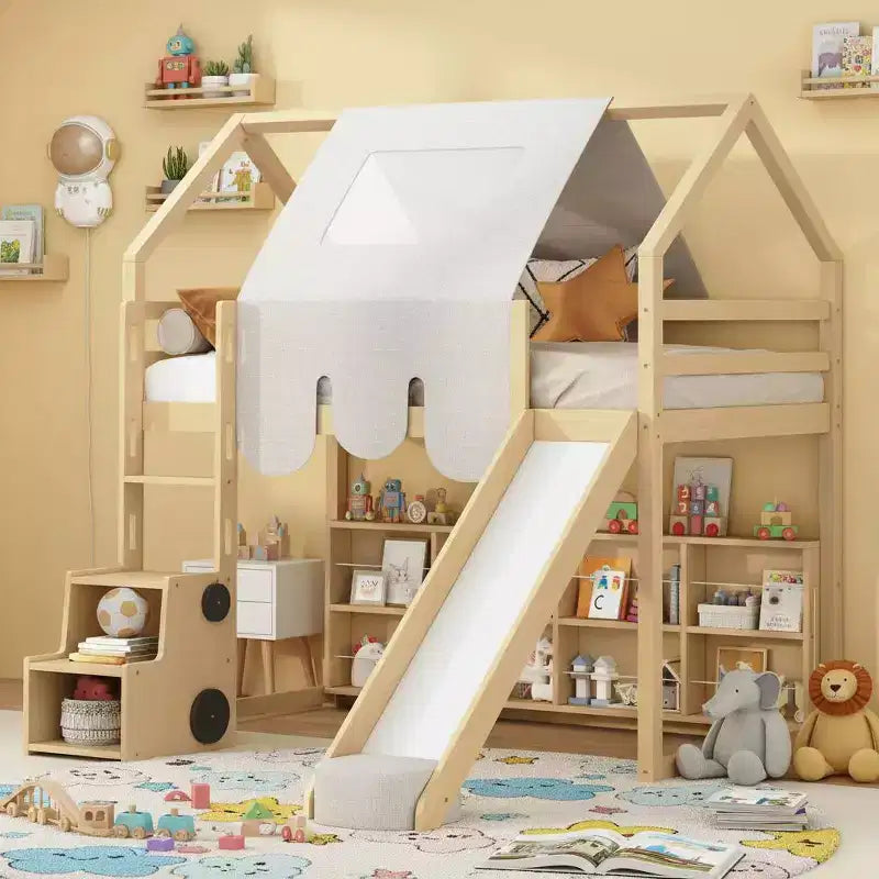 Lit cabane surélevé avec toboggan, baldaquin en tissu et rangements intégrés