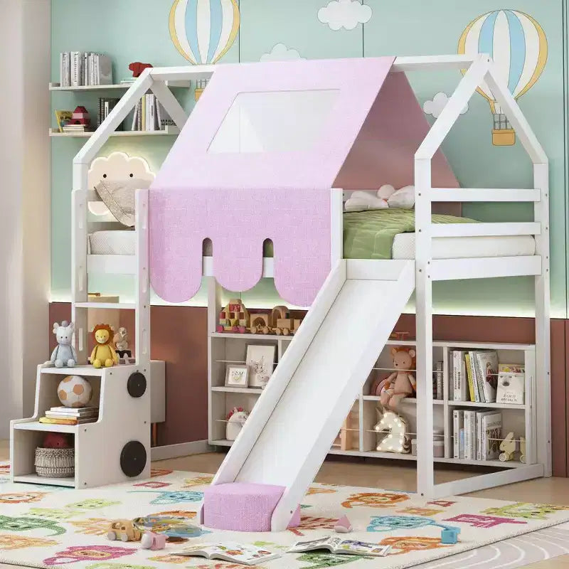 Lit cabane surélevé avec toboggan, baldaquin en tissu et rangements intégrés