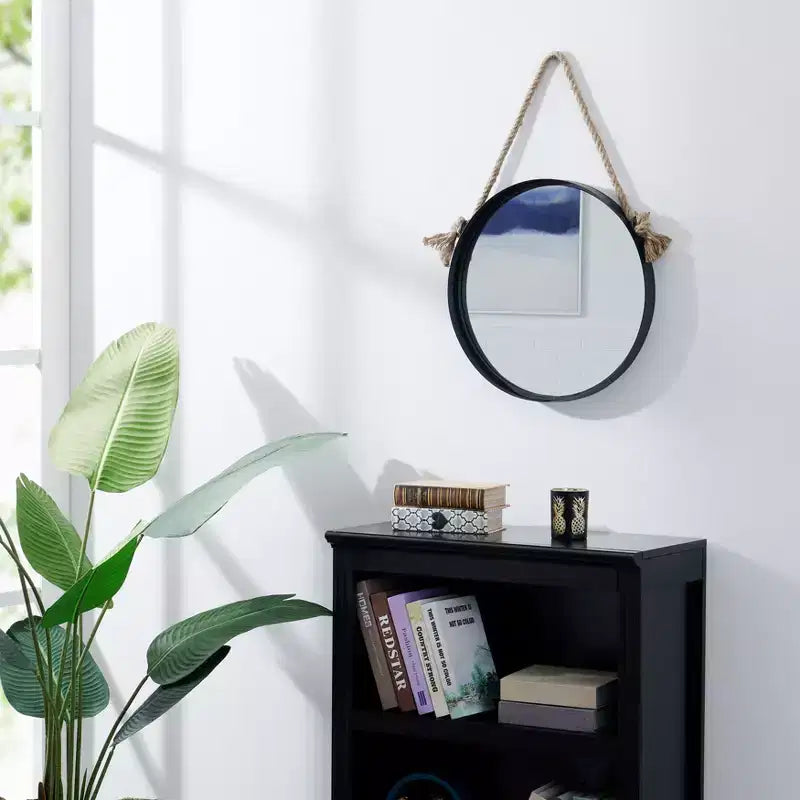 Miroir décoratif rond à cadre en fer noir avec corde de suspension - 38 cm ou 46 cm