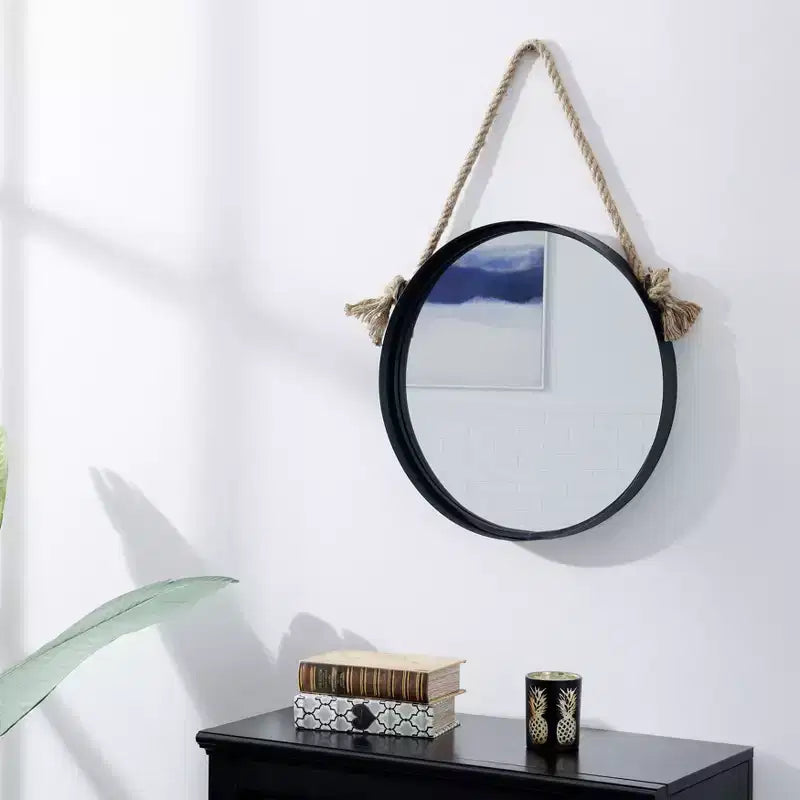 Miroir décoratif rond à cadre en fer noir avec corde de suspension - 38 cm ou 46 cm