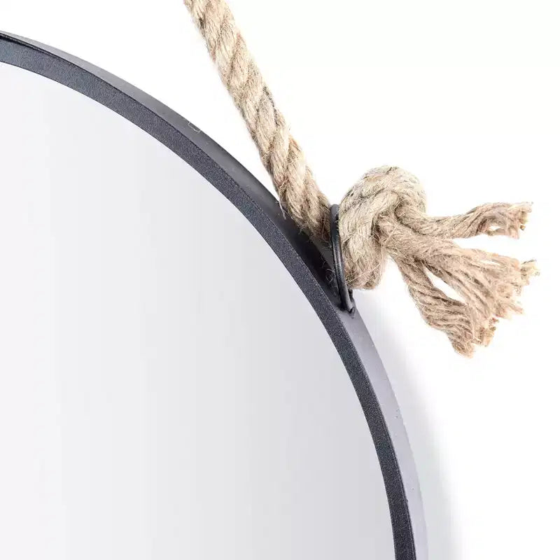 Miroir décoratif rond à cadre en fer noir avec corde de suspension - 38 cm ou 46 cm