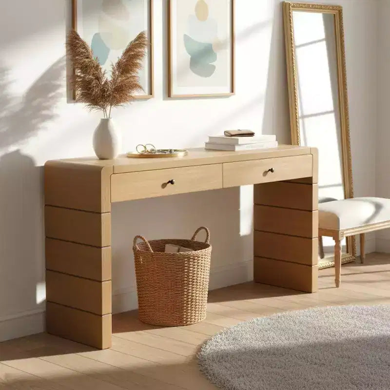 Console avec tiroirs de rangement et base pleine pour entrée ou salon, chêne