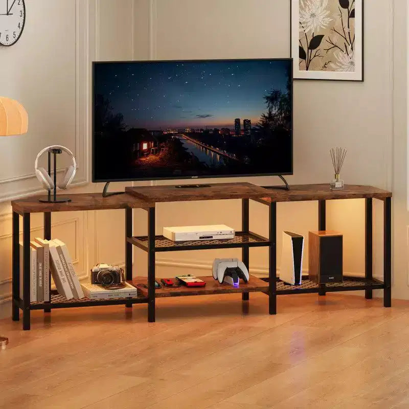 Meuble TV avec 4 étagères ouvertes, meuble d'angle multimédia avec prise de courant