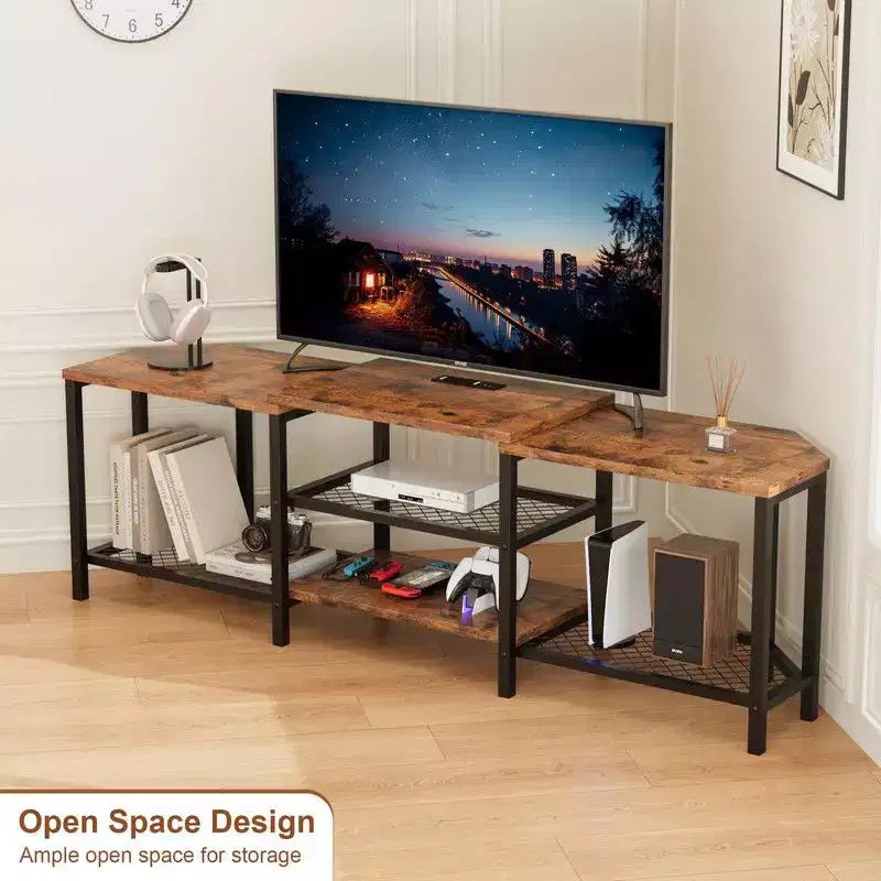 Meuble TV avec 4 étagères ouvertes, meuble d'angle multimédia avec prise de courant