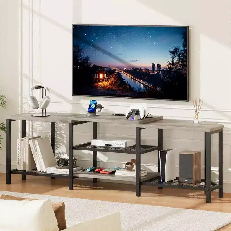 Meuble TV avec 4 étagères ouvertes, meuble d'angle multimédia avec prise de courant