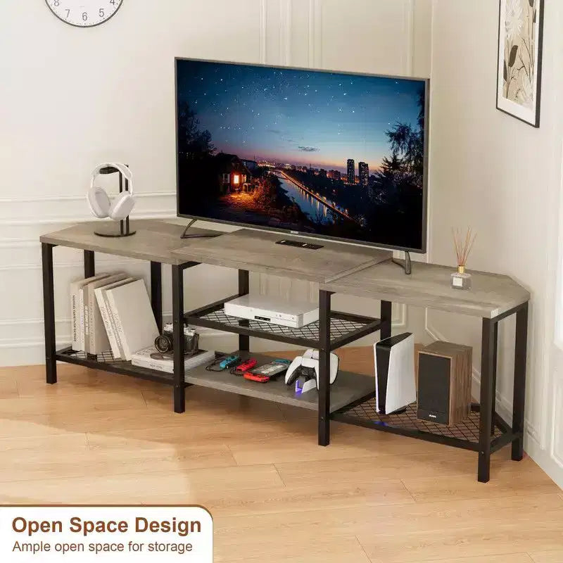 Meuble TV avec 4 étagères ouvertes, meuble d'angle multimédia avec prise de courant