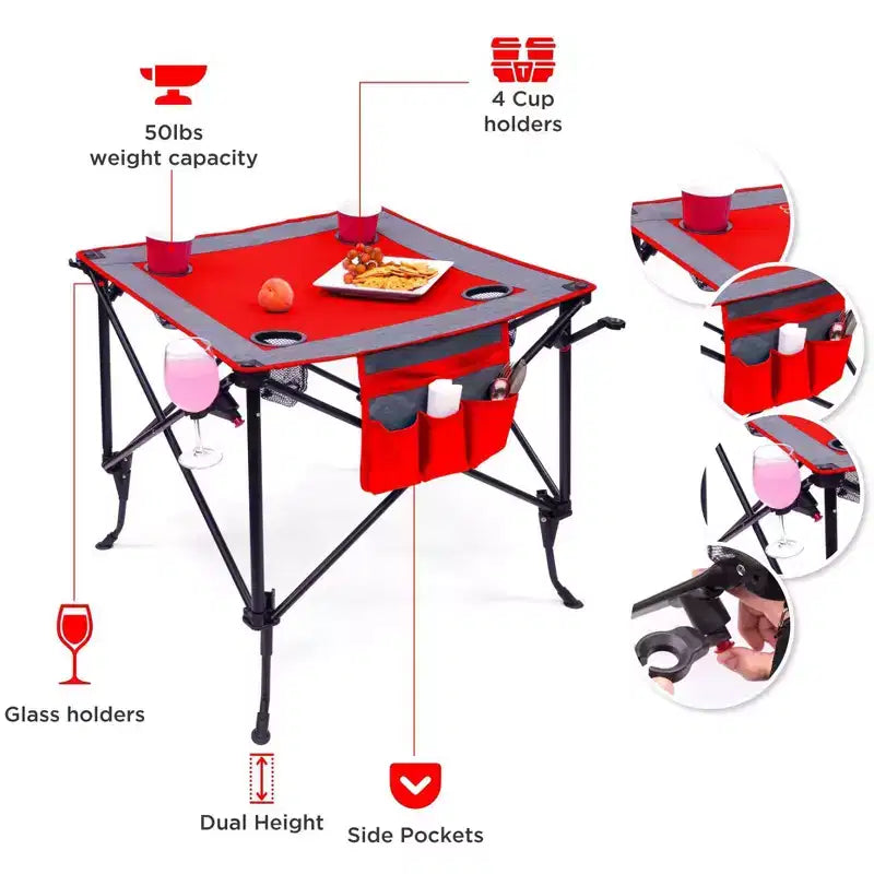 Table à vin pliable portable d'extérieur à hauteur réglable avec porte-gobelets et sac de rangement