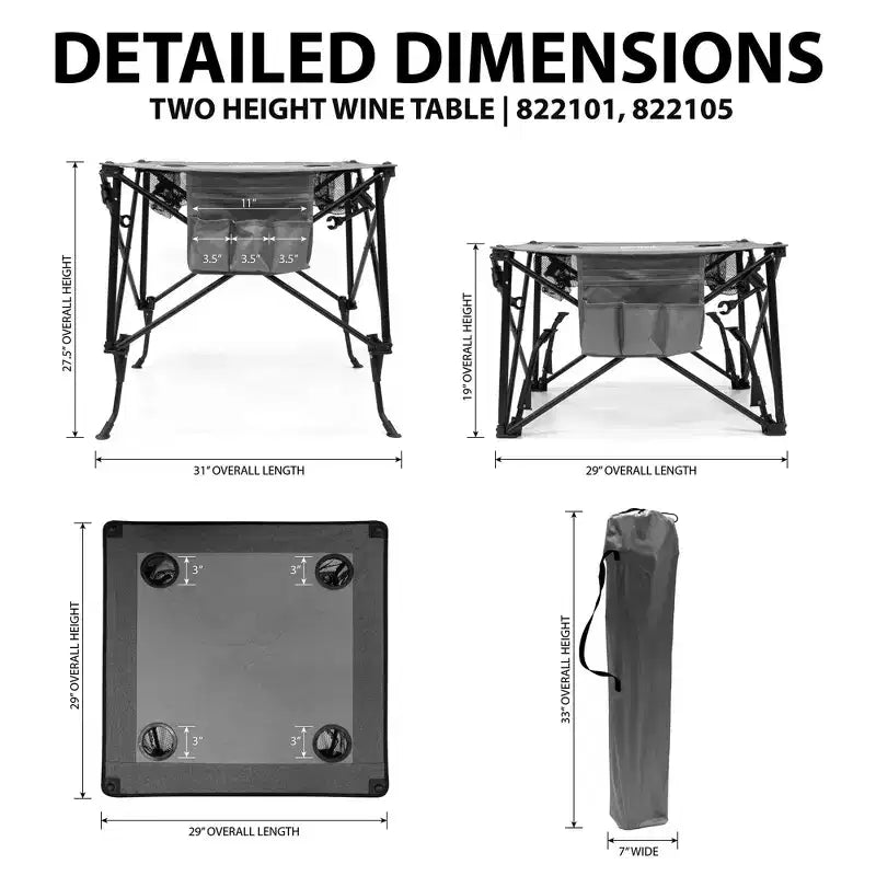 Table à vin pliable portable d'extérieur à hauteur réglable avec porte-gobelets et sac de rangement